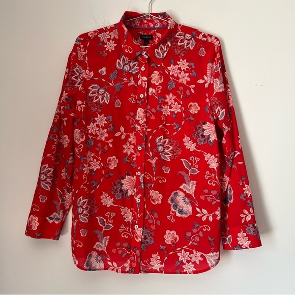 Talbots Tops - Talbots Floral Cotton Button Front Shirt Delicate Jacobean Summer Red L